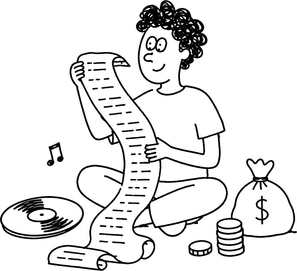 A label operator seated, reading a long itemised royalty statement that unrolls across the floor.